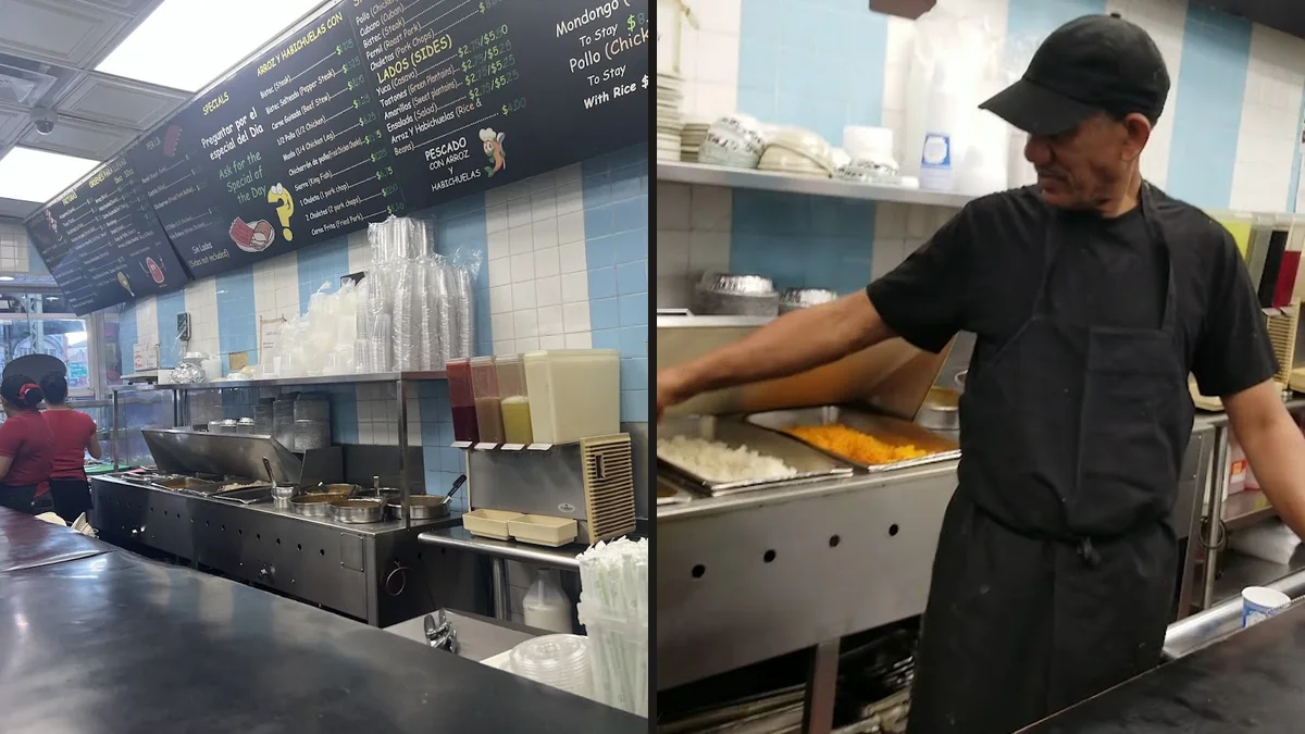 Counter service inside a compact Puerto Rican restaurant.